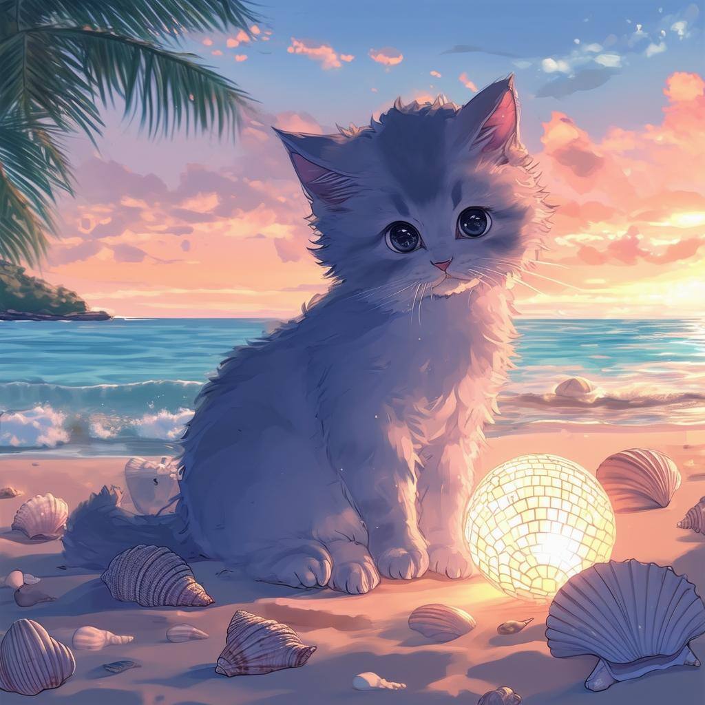cat with disco ball on the beach and sea shells